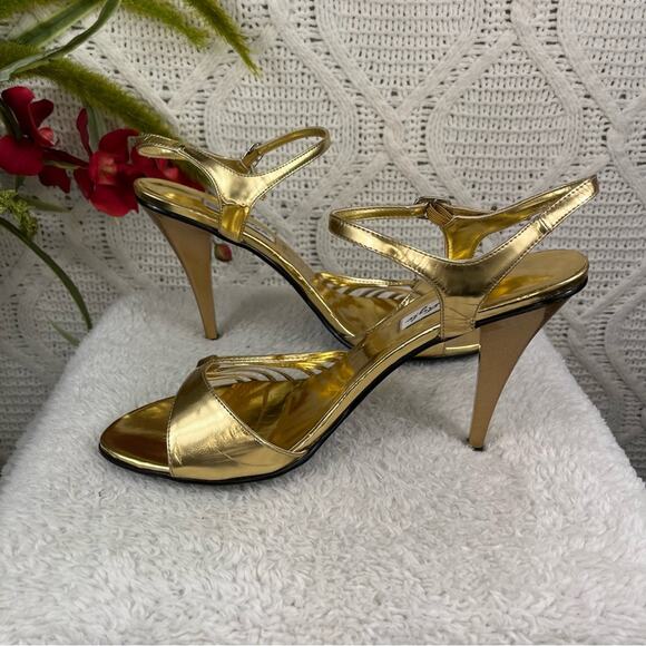 HERSTYLE Gold Metallic Stappy Faux Leather Caressa High Heel Y2K Sandals Sz 10 - Picture 5 of 14